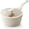 PRICUSIS Ceramic Nonstick Saucepan with Lid, 2.7 Quart Non Toxic Pot with Pour Spouts, Full Coated, 100% Dishwasher Safe, Induction Compatible, PTFE PFAS & PFOA Free, Coconut White