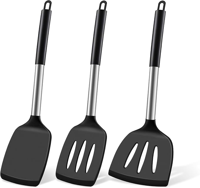 Silicone Spatula Set, Heat Resistant Fish Spatula, Solid & Slotted Turner for Non-Stick Pans, Silicone Cooking Utensils, BPA-Free, Flexible Kitchen Spatula for Flipping Eggs, Burgers, Black, 3 PCS-B