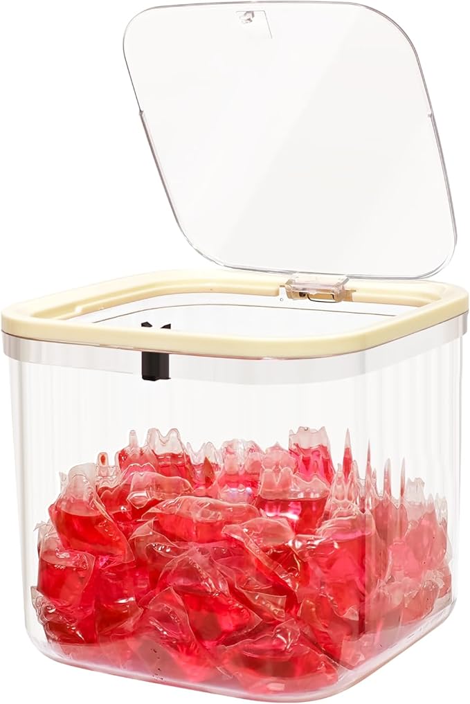 Gute Laundry Pod Holder with Pop-Up Lid,2L Container for Pods&Supplies | Push-Open Lid,Clear Ribbed Bod,Compact 2L Size,Holds 50-60 Pods,For Dishwasher Pods Too,Laundry Room & Under-Sink,No Pod