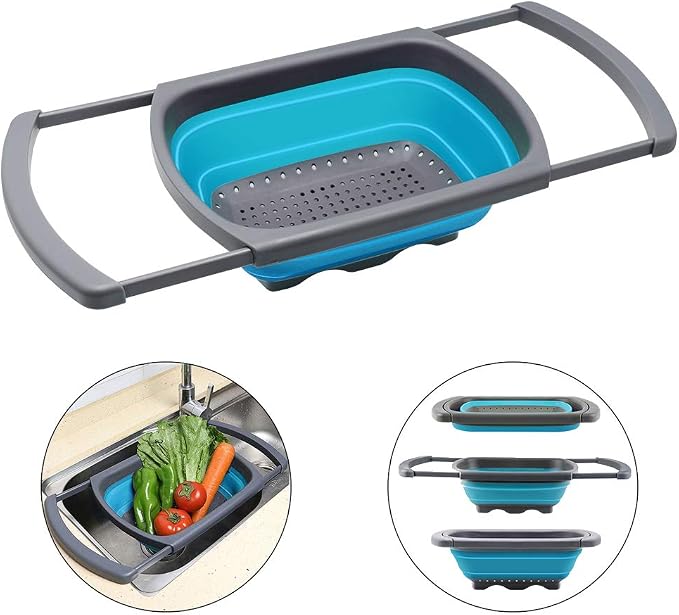 Qimh Colander Collapsible, Colander Strainer Over the Sink Food Colanders Strainers with Extendable Handles, 6-Quart, Dishwasher-Safe Kitchen Folding Strainer for Pasta, Veggies and Fruits