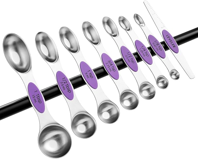 Spring Chef Stainless Steel Magnetic Measuring Spoons Set of 8, Orchid | Nesting Teaspoon & Tablespoon Measuring Spoons w/ Leveler for Dry & Liquid Ingredients, Measure Spoons For Baking & Cooking