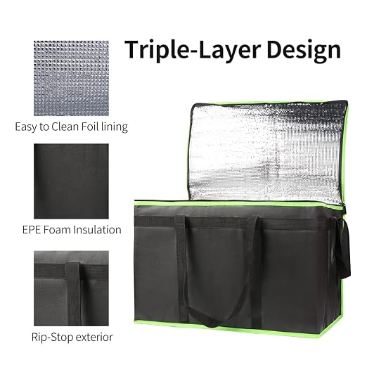 Bodaon 5-Pack Cooler Insulated Food Delivery Bag, Rideshare Delivery Bag, XXX-Large Thermal Bags for Catering/Hot Pizza, Travel/Camping/Picnic/Grocery Reusable Warmer Frozen, Black-Green Edge