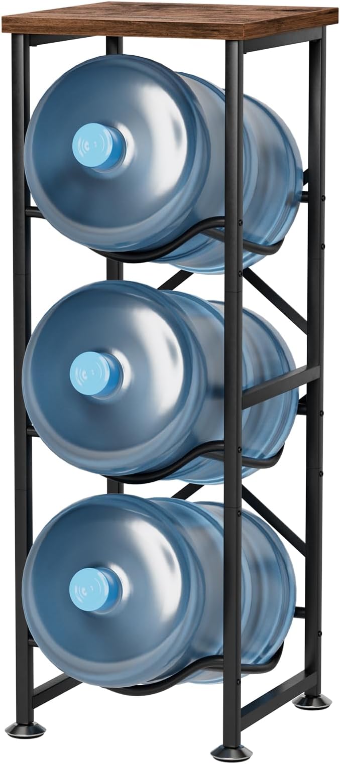 5 Gallon Water Jug Holder, 3-Tier Water Bottle Holder with Wood Top Shelf, Heavy Duty Water Cooler Jug Rack, Water Dispenser Storage Stand for Office and Living Room