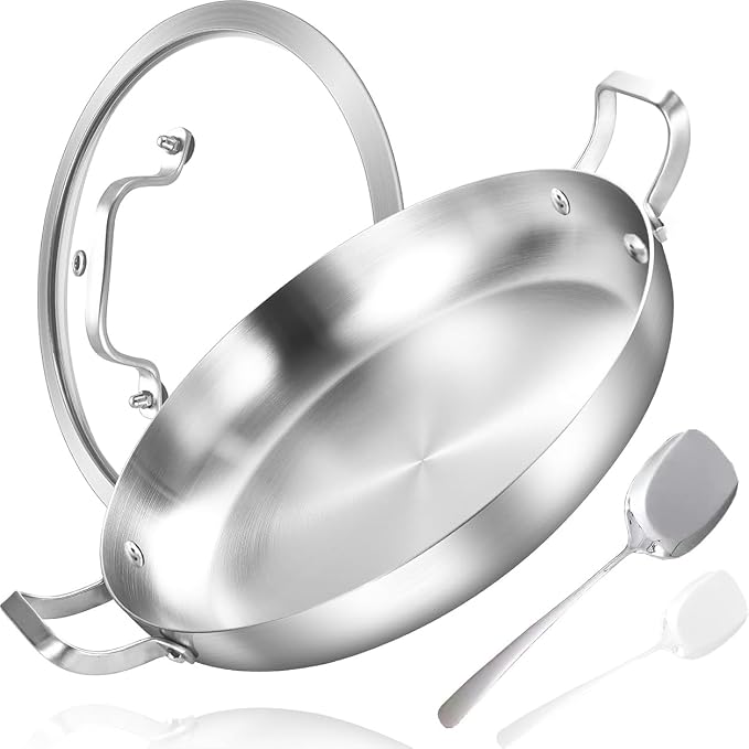 Inqibee 14 Inch Tri-ply Stainless Steel Paella Pan with Lid | Large Frying Pan with Double Riveted Handles, Wide Shallow Paella for Stovetop, Induction Compatible, Oven Safe, 4-6 Servings
