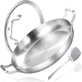 Inqibee 14 Inch Tri-ply Stainless Steel Paella Pan with Lid | Large Frying Pan with Double Riveted Handles, Wide Shallow Paella for Stovetop, Induction Compatible, Oven Safe, 4-6 Servings