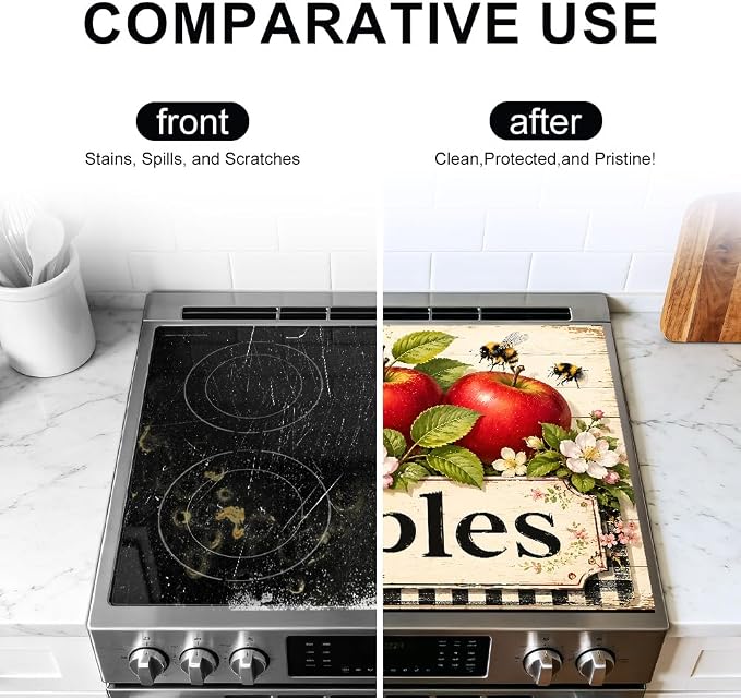 Farmhouse Apple Stove Top Cover 28x20 Inch Decorative Glass Stove Cover | Heat Resistant Cooktop Protector Mat with Non-Slip Backing, Scratch Protection and Countertop Drying Mat.