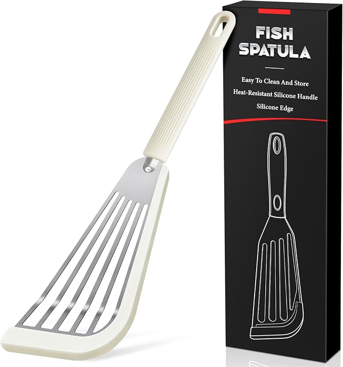 Silicone Fish Spatula, Heat Resistant Silicone Edge for Nonstick Cookware, Fish Turner for Kitchen Use, Flexible and Thin Stainless Steel Cooking utensils, 12.2 * 3.42 Inch, White