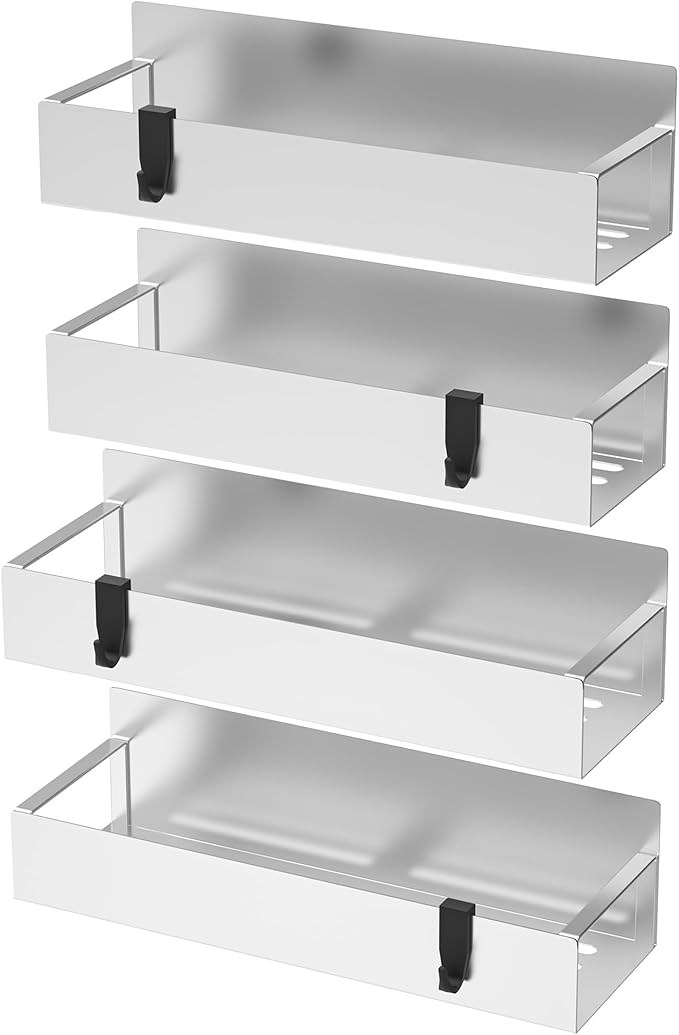 Metal Magnetic Spice Rack for Refrigerator Silver, 4 Pack | Magnetic Shelves Heavy Duty for Fridge in Kitchen, Seasoning Storage Organizer, For Oven Washer and Dryer, For Heavier Items