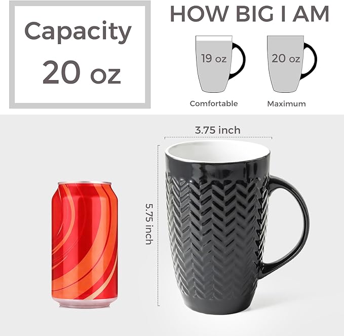 AmorArc 20 oz Large Coffee Mugs Set of 6, Black Ceramic Tall Coffee Cups | 3 Assorted Designs, Embossed Ceramic Coffee Mugs with Large Handle for Coffee/Tea/Cappuccino, Dishwasher&Microwave Safe