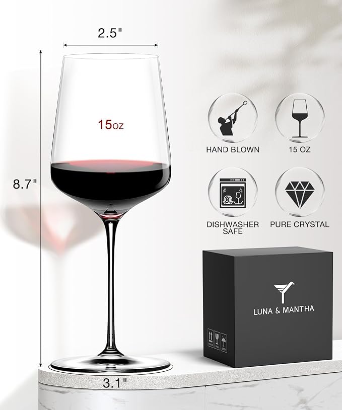 Red Wine Glasses Set of 6, 15oz Crystal Hand Blown, Long Stem, Gift | Clear, Wtite Wine Glass, Ideal for Daily Use, Party, Great Gift for Birthdays, Christmas
