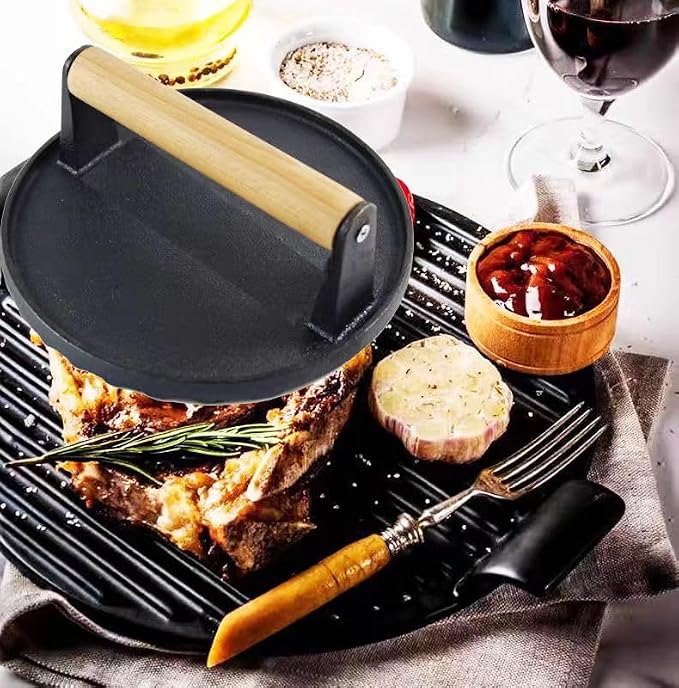 Kitchen Tools 5.7"Cast Iron Smashed Burger Press, Round Flat Edge Grill Press for Crispy Smash Burgers Burger Tool for Grill and Griddle BBQs and Tailgates Gifts for Men and BBQ Enthusiasts