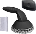 Cast Iron Scrubber with Pan Scraper & Towl, 316 Chainmail Scrubber with Long Handle, Upgraded Chain Mail Scrubber Cleaner for Grill Pan Skillet Wok Carbon Steel Dutch Oven Metal Brush (Black)