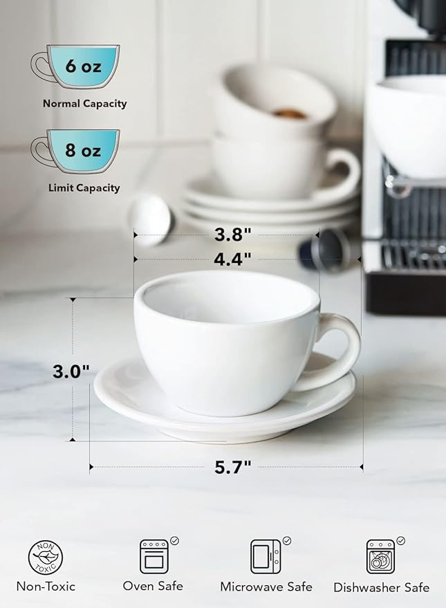 LE TAUCI 6 oz Cappuccino Cups with Saucers, Set of 4 Ceramic Coffee Cup and Saucer Set for Latte, Au Lait, Flat White, Mocha, Tea, Embossed Coffee Cups, White
