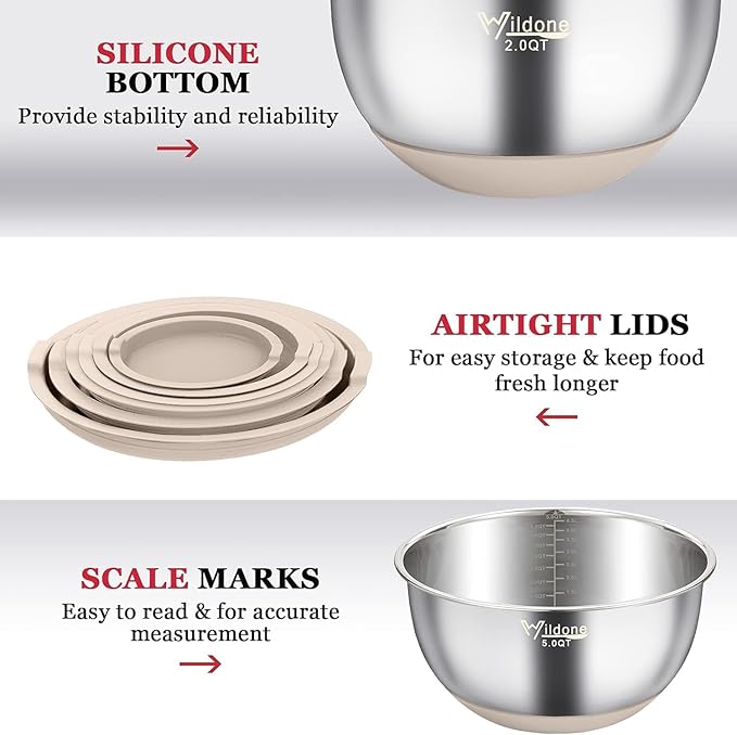 Wildone Mixing Bowls with Airtight Lids, Stainless Steel Mixing Bowls Set | Metal Bowls with 3 Grater Attachments & Non-Slip Bottoms, Size 5, 4, 3, 2,1.5, 0.63QT, Includes Utensil Set for Prep, Khaki