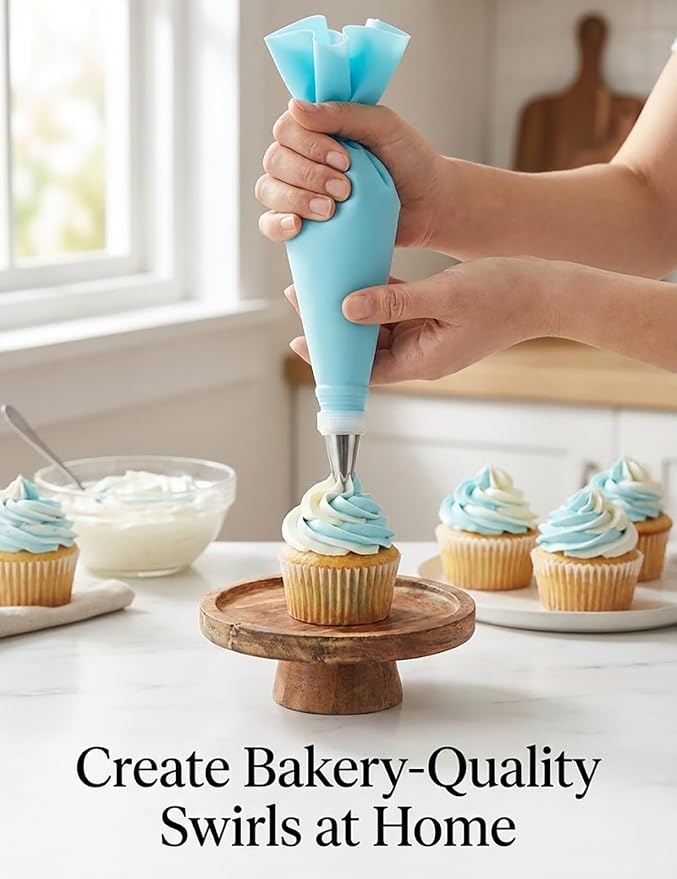 Reusable Piping Bags and Tips Set, 21-Piece Cake and Cupcake Decorating Kit | Reusable piping bags pair with 12 icing tips, couplers and scrapers for precise frosting and easy cake or cupcake decorating.
