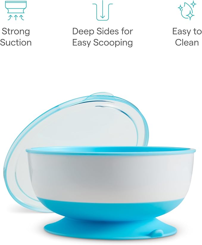 Munchkin Stay Put Suction Baby Bowls with Lids - Dishes for Babies and Toddlers, Self-Feeding Bowl Set for Kids 6+ Months, 3 Pack, Blue/Green
