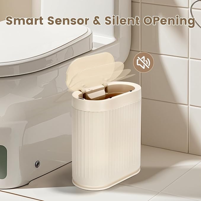 ELPHECO Bathroom Trash Can with Lid,Slim Smart Garbage Can 2 Gallon Beige | Plastic Wastebasket, Narrow Garbage Bin, Waterproof Bathroom Decor for Bedroom