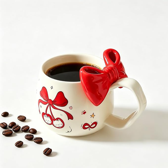 DTIUYIOP-Cute Cherry Cat Ceramic Coffee Mugwith 3D Bow & Bow Spoon | kawaii coffee mug ,kawaii mug,13.5oz,Large Curved Handle Milk Cup, Lovely Gift for Girls Women Birthday Christmas