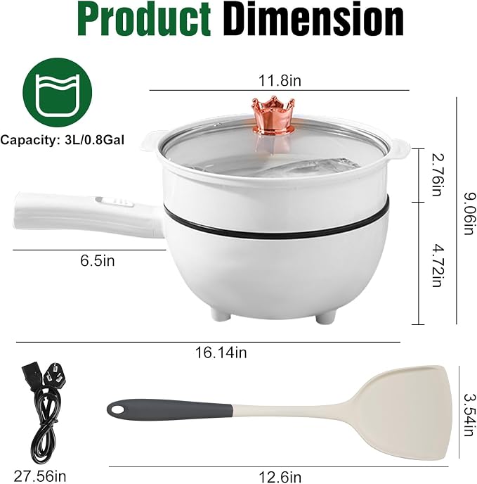 Hot Pot Electric with Steamer, 3L Non-Stick Frying Pan, Rapid Noodles Cooker Electric Pot for Steak, Egg, Fried Rice, Ramen, Soup with 2 Heating Power, Spatula