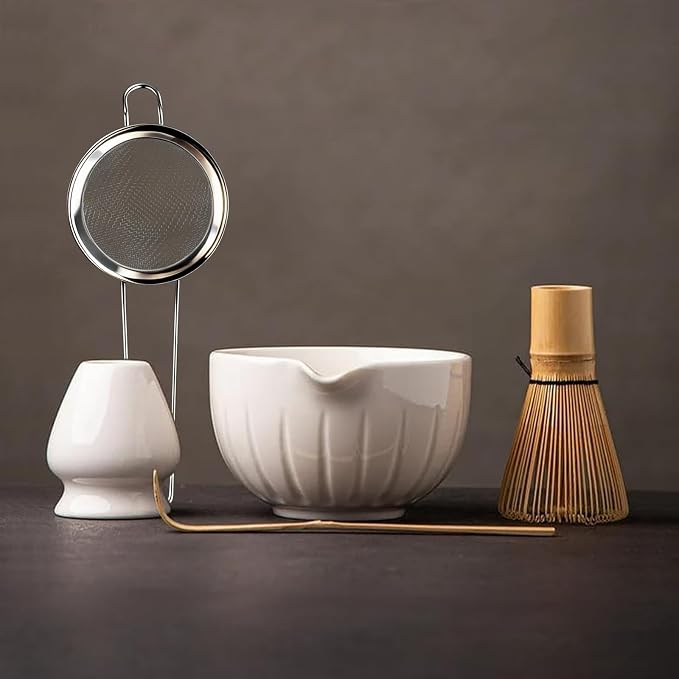 TANG PIN Matcha Set - Match Bowl and Whisk, 15 OZ Matcha Whisk Set | Matcha Scoop | Matcha Whisk Stand (Chasen Holder) - 5pc Perfect Matcha Kit for Matcha Tea Ceremony (White)