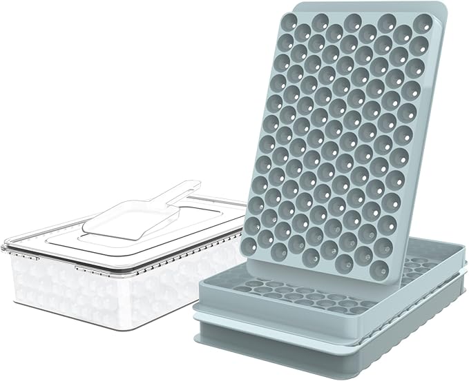 Mini Ice Cube Trays for Freezer with Lid, 0.55" Pebble Ice | 2 Trays-Blue, with Ice Box & Scoop. for Iced Coffee, Bottles, Juice & Everyday Drinks, Easy Twist Release, Stackable