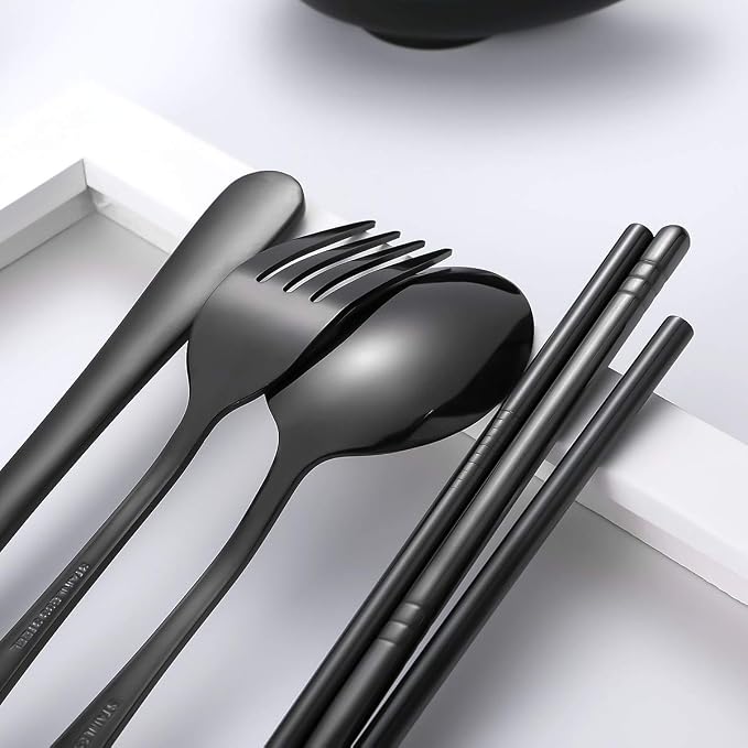 Travel Utensils,Reusable Silverware Set To Go Portable Cutlery Set with a Waterproof Carrying Case for Lunch Boxes Workplace Camping Picnic (Black)