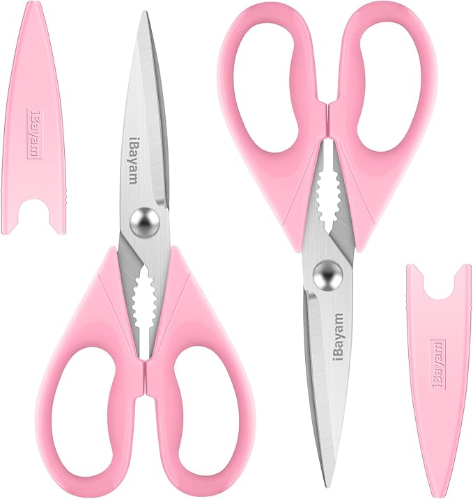 iBayam Pink Kitchen Scissors All Purpose Heavy Duty & Comfort Grip & Cover | 2-Pack Pink Kitchen Utensils Gadgets for Cooking & Baking, Dishwasher Safe, 8.7" Stainless Steel Sharp Scissors Food Poultry