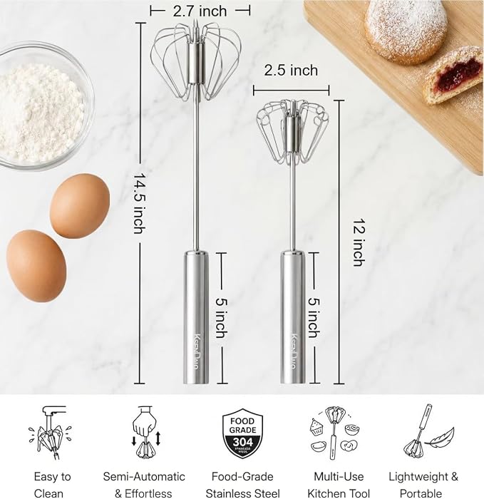 SUS304 Stainless Steel Whisk & Beater Set - Manual & Automatic Handheld Easy Semi-Auto Mixer for Cooking - 12 & 14inch Frother Spinner, Mixer & Stirrer for Eggs, Hand, and Milk
