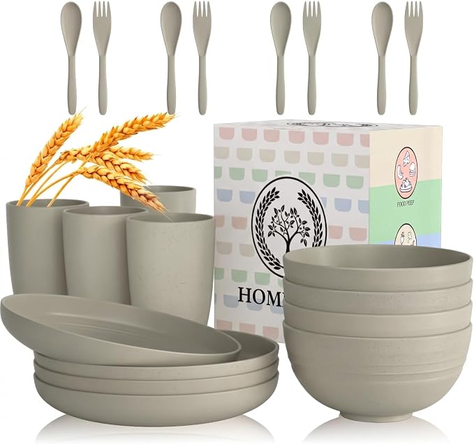 Wheat Straw Dinnerware Sets 20 PCS Unbreakable Plates and Bowls Sets Microwave Safe Camping Dish Set Kids Dinnerware Set, Kitchen, Apartment, Party, RV, Picnic, Dorm-Grey