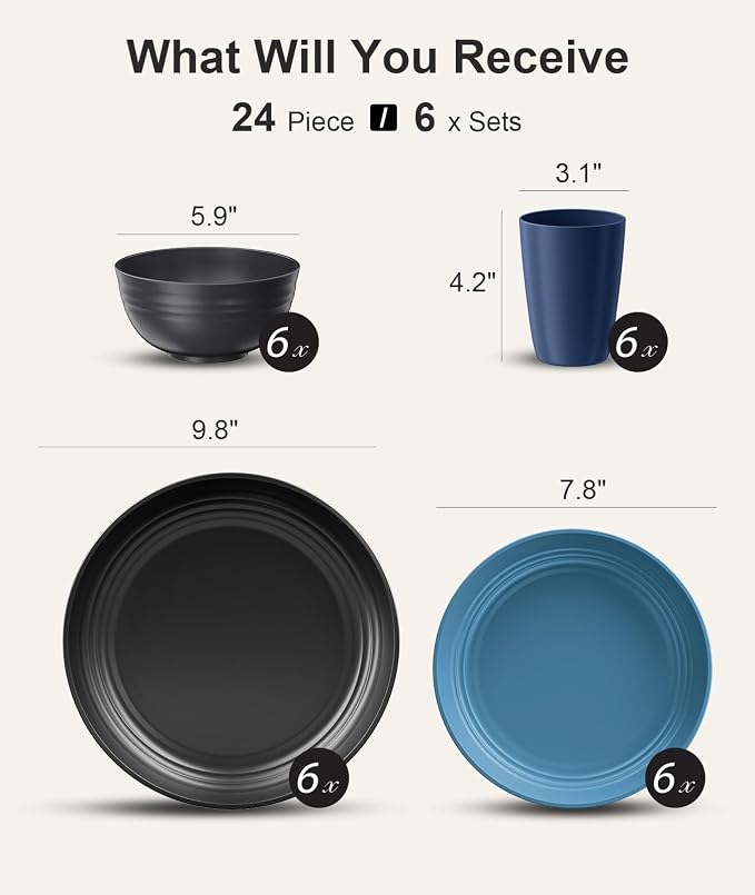 Quatish 24 Pcs Unbreakable Plates and Bowls, Plastic Dinnerware Sets for 6, Reusable Dish Set for Camping, Dishwasher Microwave Safe, Outdoor Kitchen and Apartment Dinning RV Essentials, Blue