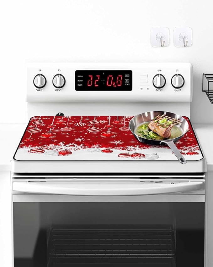 Stove Top Covers for Electric Stove 36x21 Inches,Christmas HeatResistant Glass Cooktop Protector,Red Merry Xmas Glitter Sparkle Bokeh Snowflake Winter Ceramic Stovetop Countertop Covers Mat,Oven Cover