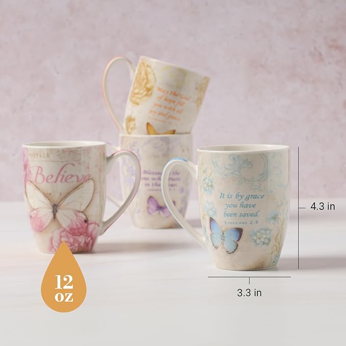 Christian Art Gifts Ceramic Mug Set-Butterflies (Set Of 4)