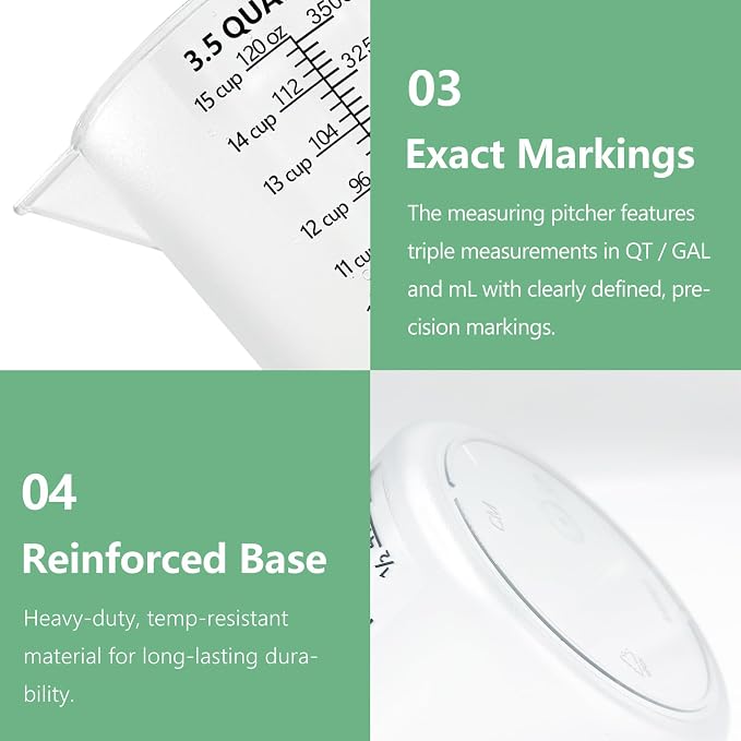 Plastic Measuring Cup with Handle, Pool Chemical Measuring Cup, Plastic Measuring Pitcher for Liquid Mixing, Pouring, Lawn Care, Pet Food, Motor Oil, Laboratory and More (120, Fluid Ounces, 3500ml)