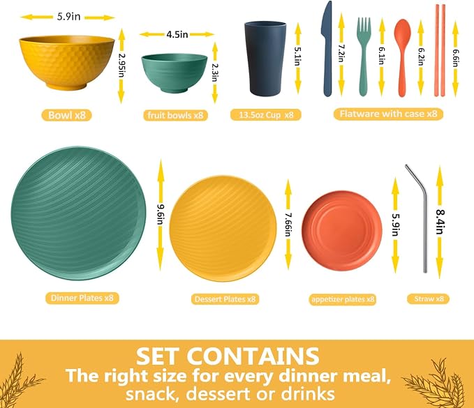 Teivio 88-Piece Plates and Bowls Sets for 8, with Flatware Dinnerware Sets | Fall Multicolor Plastic Wheat Straw Dinner Plate set, Cereal/Pasta Bowls, Cups, Dishwasher, Kitchen Outdoor RV Dorm Dish Set