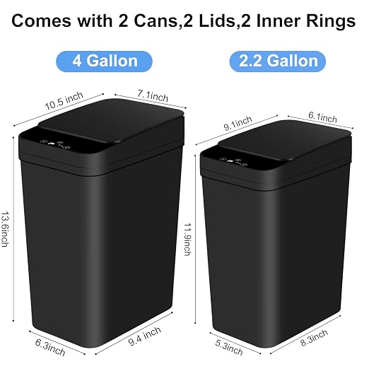 Anborry Bathroom Automatic Trash Can 2 Pack 2.2 Gal & 4 Gal Touchless Motion Sensor Small Garbage Can with Lid Smart Electric Narrow Garbage Bin for Bedroom Office Kitchen (Black)