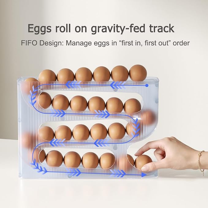 FIFO Egg Holder for Fridge, Egg Organizer for 56 Large Size Eggs | 2-Pack Auto Rolling Egg Dispenser for Refrigerator, Space-Saving Egg Roller/Container/Storage(Frosted Clear)