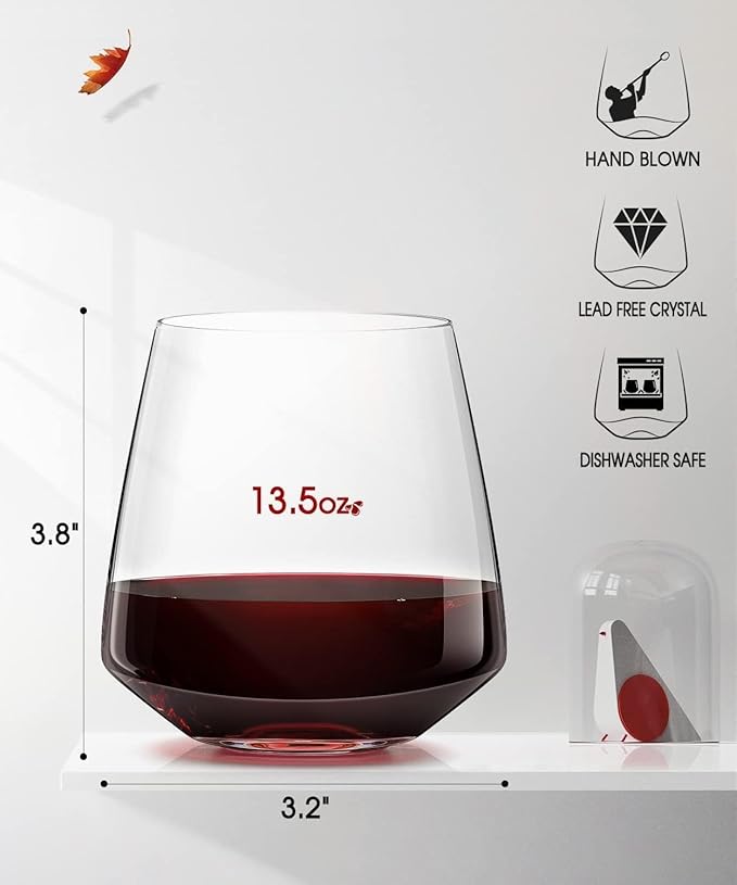 OJA Wine Glasses Set, Crystal Stemless Red Wine Glass, Set of 6, 13.5 oz | Dishwasher Safe, Red White Wine glass, Hand Blown, Unique Gifts for Him Her for Birthday, Wedding, Christmas, Anniversary
