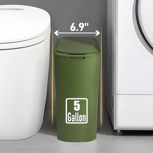 TIPGO 5 Gallon Automatic Bathroom Trash Can with Lid, Green, Touchless | Motion Sensor, Slim Smart Garbage Bin, Plastic Wastebasket, Battery Operated, Manual Button, for Bedroom, Office,RV