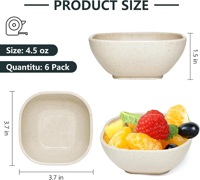 SHECIPIN 6 Pack Small Plastic Bowls 4.5 OZ Unbreakable Wheat Straw Dipping Bowls，plastic ramekins, Assorted Colors Dipping Sauce Cups, dip cups， Dessert, Ketchup