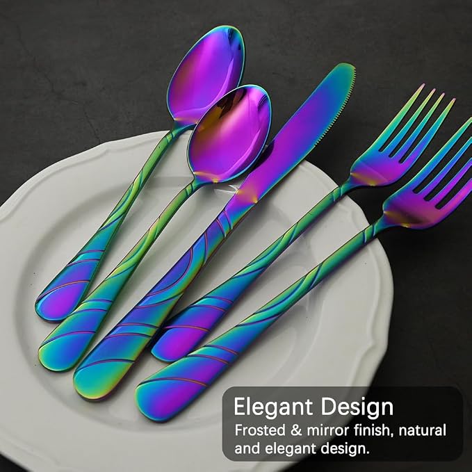 40-Piece Rainbow Silverware Set for 8, 18/0 Frosted & Mirror Finish Stainless Steel Vintage Flatware Set, Modern Cutlery Set for Home Wedding Restaurant Housewarming Party Event Serving For 8