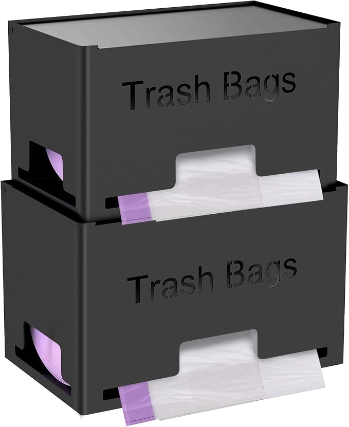 STWWO 2-Pack Trash Bag Holder Dispenser, Stackable Garbage Bag Dispenser | Extra Large Trash Organizer for Kitchen Laundry Under Sink, Wall Mounted or Freestanding, Metal Black