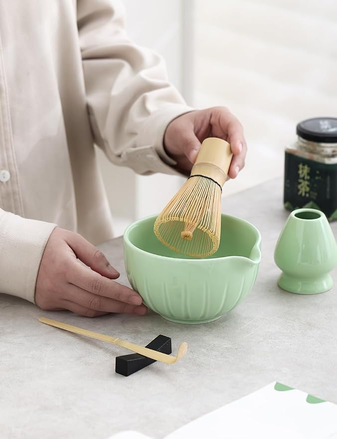 TANG PIN Matcha Set - Match Bowl and Whisk, 15 OZ Matcha Whisk Set | Matcha Scoop | Matcha Whisk Stand (Chasen Holder) - 5pc Perfect Matcha Kit for Matcha Tea Ceremony (Green)