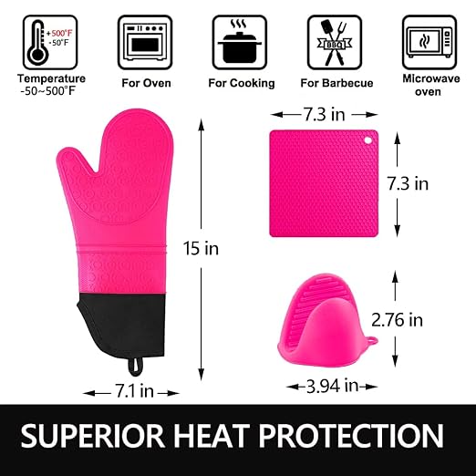 6pcs Silicone Oven Mitts and Pot Holders Sets for Kitchen, Rose | 500°F heat resistant, cotton lining, honeycomb non-slip texture, 15-inch forearm protection, baking cooking gloves