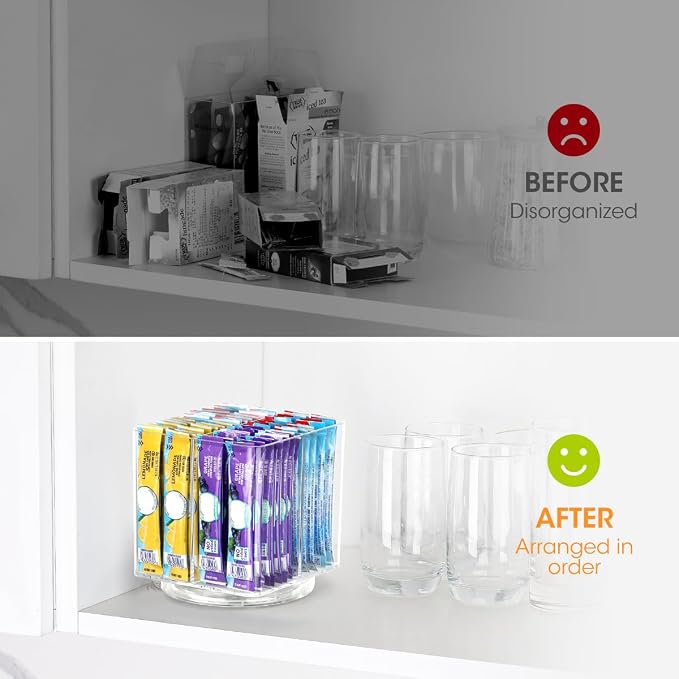 AIEVE Drink Packet Organizer, Lazy Susan Organizer for Water Flavor Packets, Drink Mix Rotating Turntable Sugar Packet Holder Container for Pantry Organizers and Storage, Square