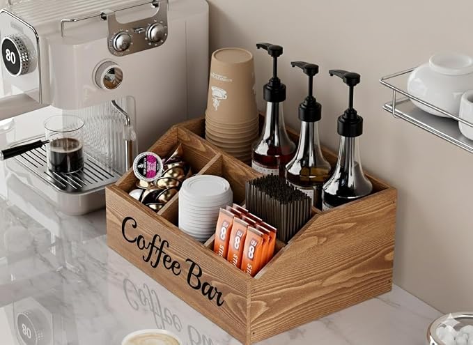 2 Pack Coffee Station Organizer for Countertop – Wooden Coffee Bar Organizer with Adjustable Dividers,Holds K Cup Pod & syrup bottles, for Kitchen, Office, or Bar and Tea Station, Brown