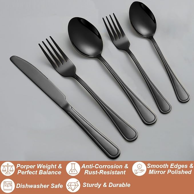 Silverware Set,20-Piece Stainless Steel Flatware Set for 4 | Food-Grade Stainless Steel Cutlery Set,Dishwasher Safe,Mirror Finished Utensil Sets for Home Restaurant,Double-Stripe,Black