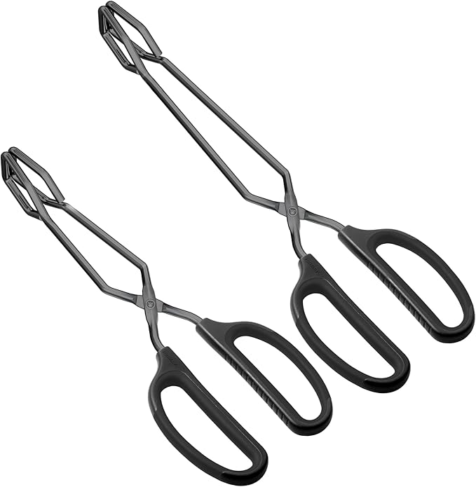 HINMAY Stainless Steel Kitchen Scissor Tongs 10" and 12" Set (Black) | Comfortable Grip Metal Scissor Tongs for Cooking, Grilling & Serving