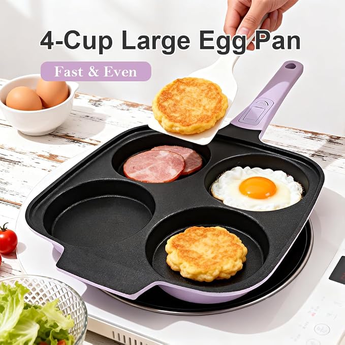 RANX INGST 4-Cup Egg Pan Nonstick with Lid 10 Inch Large Pancake Pan,Purple | Detachable Handle, Omelette Skillet Induction Compatible for Breakfast