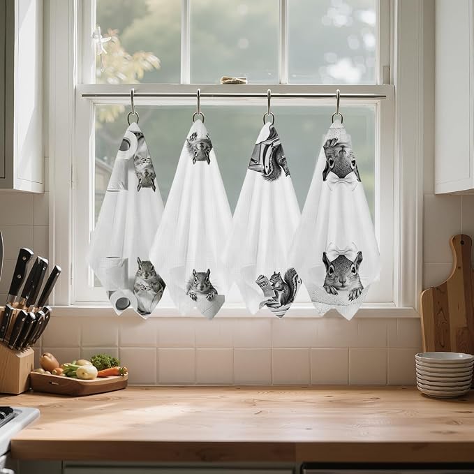 Jztco 4 Pcs Funny Squirrel Hand Towels, Squirrel Gifts Reusable Dish Towels | Cute Animal Waffle Weave Hand Towel for Bathroom Restroom Decor, Squirrels Lovers Gifts for Women Mom 24x14 Inch