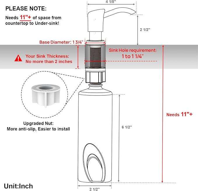 Dish Soap Dispenser for Kitchen Sink, 17 oz Bottle, Brushed Gold | Refills From The Top, No-Leak ABS Pump, DIY Installation, 360° Swivel, Fits 1–1.5 in Sink Holes; for Dish Soap or Lotion